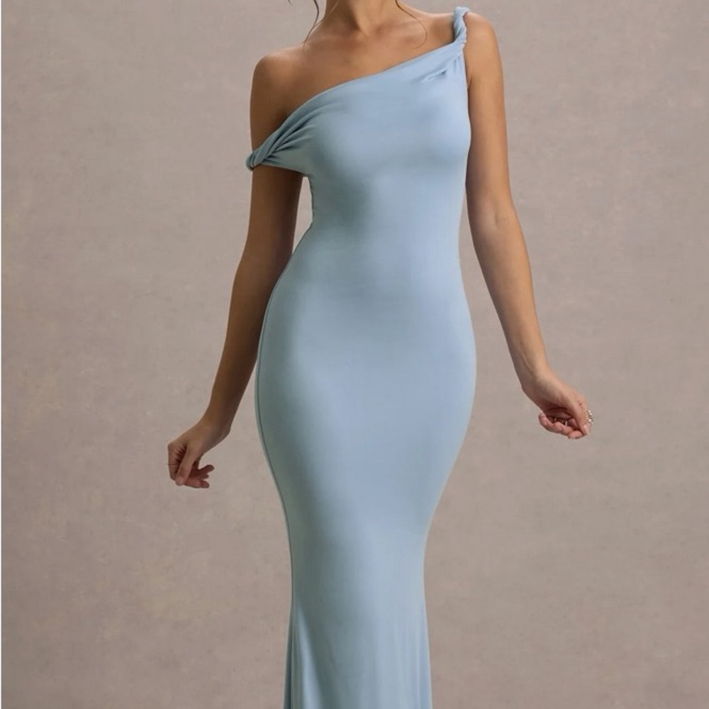 Club L London Lita Powder Blue Twisted Asymmetric Maxi Dress